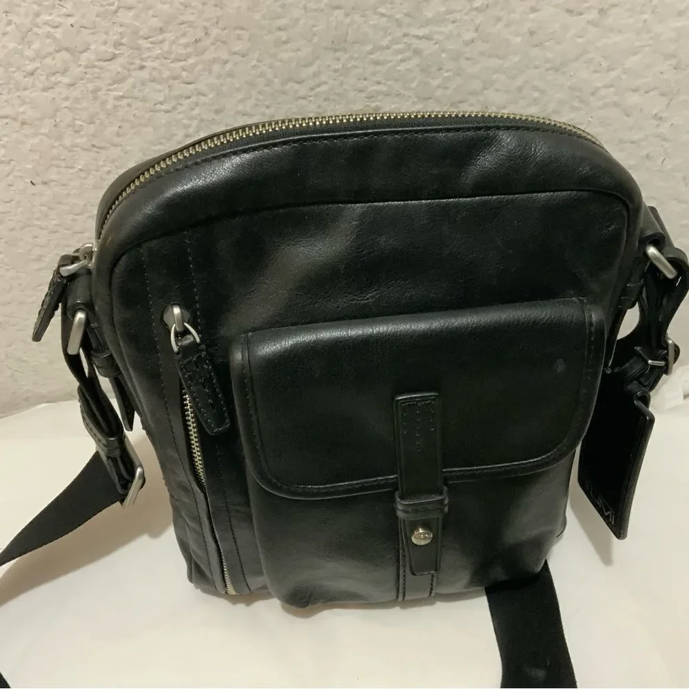 Tumi Laredo Frisco Town Black Leather Messenger Bag, Silver Hardware